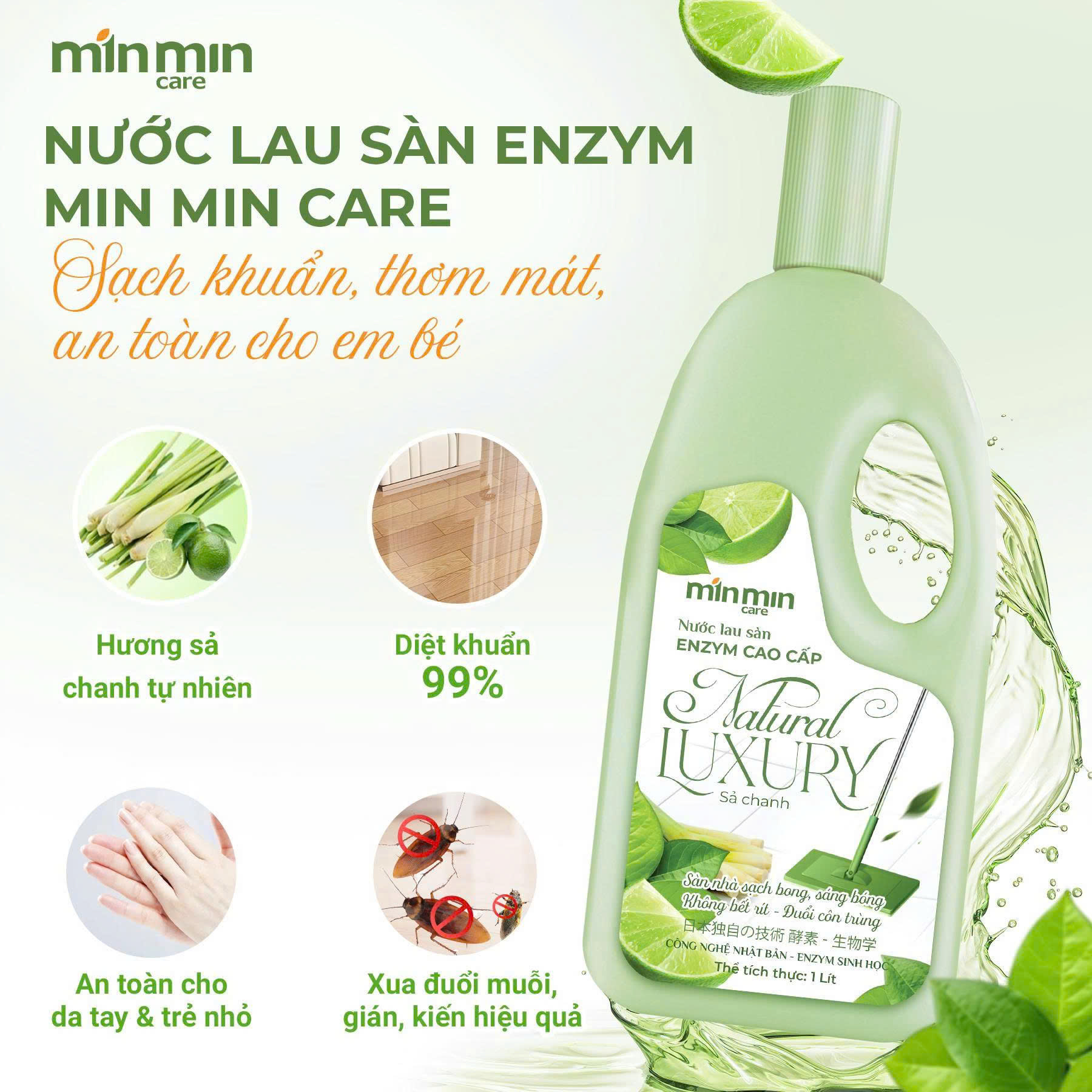 Nước lau sàn Min Min Care: pha loãng và lau thế nào để sàn sạch, khô nhanh, không nhờn rít? 